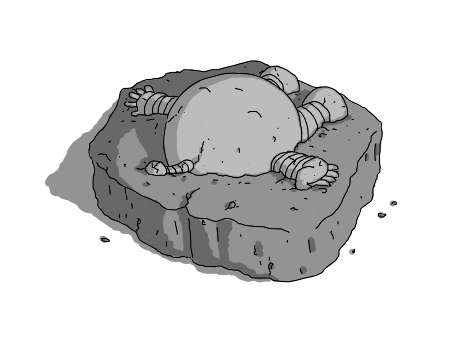 A spherical robot with banded arms and legs and an antenna, made of stone and partially embedded in a rough slab of rock with a few pieces of rubble scattered on the floor around it. The robot is lying down, angled with its top towards the viewpoint, its eyes closed as if asleep.