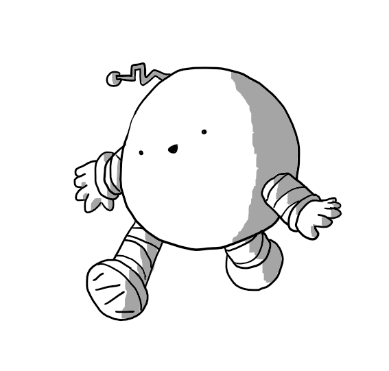 A spherical robot with banded arms and legs, except the bands don't run parallel up its limbs and they're all different lengths. The treads on its feet are also angled. Its cheerful face is set at a slant and it has a crooked antenna protruding at an odd angle.