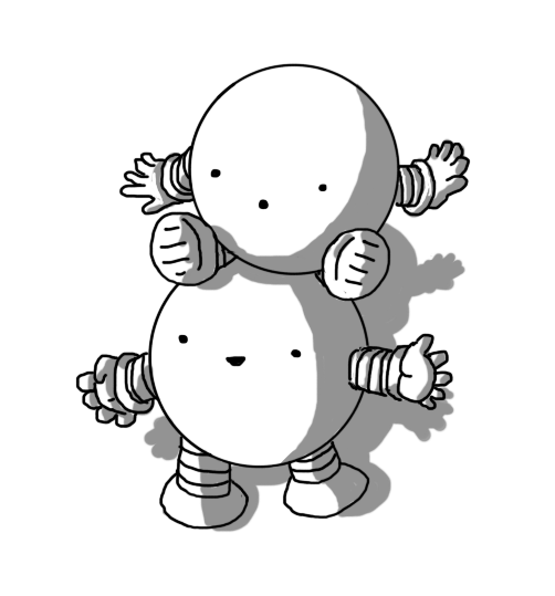 Two happy round robots with banded arms and legs. One is sitting on top of the other one, balancing a little precariously.