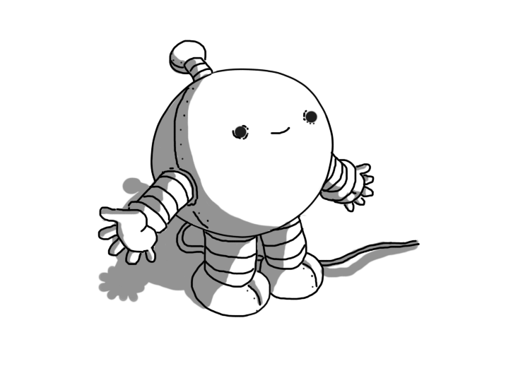 A spherical robot with banded arms and legs and an antenna. Its body, antenna bobble and feet are divided by riveted seams, it has detailing around its eyes and where its limbs connect to its body, and a wire trails from its rear.