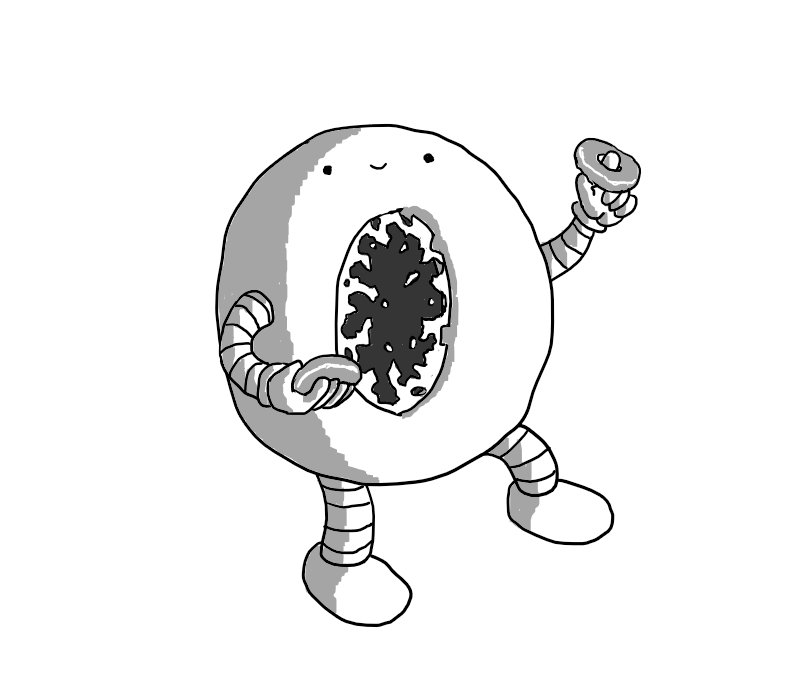 A robot shaped like a ring donut tilted onto its side with its smiling face positioned on the uppermost edge. It has banded arms and legs and is offering a jam donut with one hand while balancing a ring donut on the index finger of the other. The robot's hole is a dark vortex surrounded by crackling energy discharges.