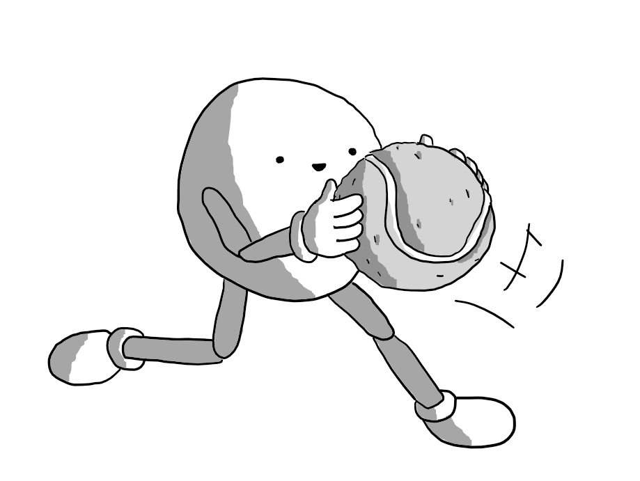 A round robot with jointed arms and legs, running and catching a tennis ball that's about two-thirds its size.