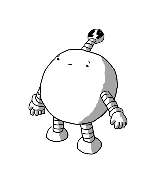 A round robot with banded arms and legs and an antenna with a bobble on the end that says 29 on it. It's Looking upwards with a pleading expression on its face.