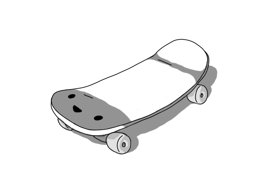 A robot in the form of a skateboard. It just has a smiling face at one end, on the top surface.