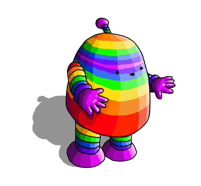 A round topped robot with banded arms and legs and an antenna. It's rendered in rainbow stripes, going from violet to red along its limbs, and going through all the colours in lateral stripes on its body.