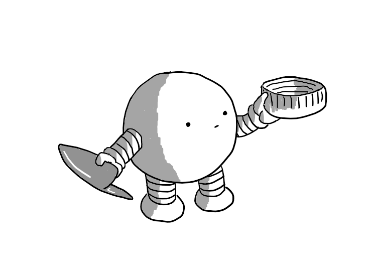 A spherical robot with banded arms and legs holding a biro lid in one hand and a screw bottle cap in the other, that it's looking at blankly.