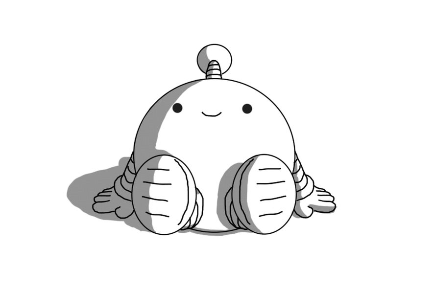 An animated GIF of a smiling, spherical robot with banded arms and legs and an antenna, spinning around on its bottom.