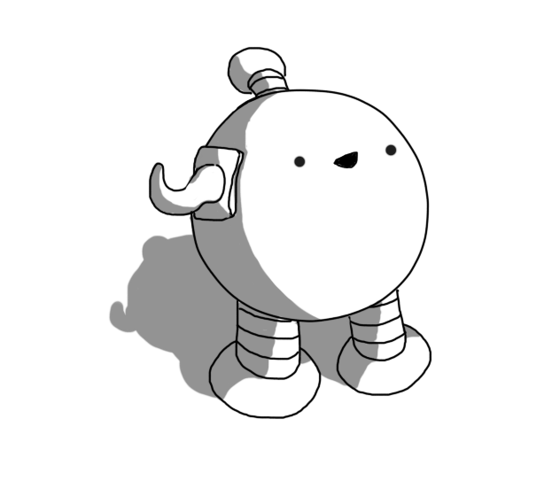 A spherical robot with banded legs and an antenna. On one side of it, a little hook is mounted, which it seems pretty pleased about.