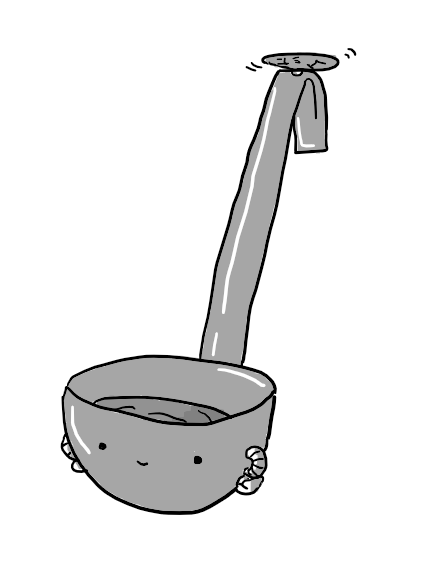 A robot in the form of a metal ladle. Its face is on the bowl and it has two little arms there with fists planted determinedly against the surface. At the very top of the handle is a small propeller holding it up.