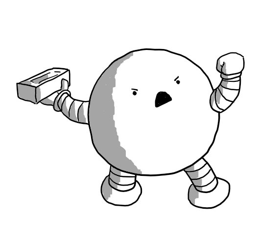 A spherical robot with banded arms and legs, raising a fist in anger as it leans back to throw a brick with the other hand. Its expression is one of furious defiance.