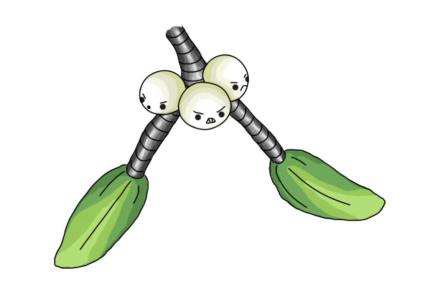 A sprig of mistletoe, its stem banded like a robot's limbs, with two green leaves on its ends. Three spherical robots are clustered at the juncture of the stem, coloured off-white like mistletoe berries, looking angrily downwards.