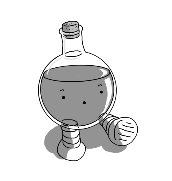 A robot in the form of a spherical glass vial with a short neck at the top stoppered with the cork. It has two banded legs on the bottom and a worried-looking face on its front.