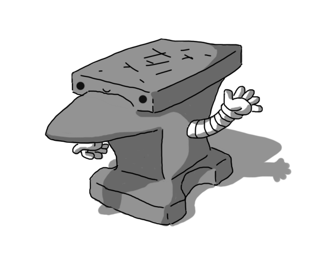A robot in the form of a blacksmith's anvil. It has two banded arms on either side and its smiling face is on the front surface of the anvil's face (the top part).