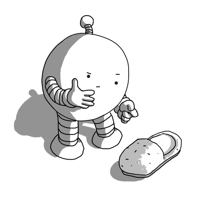 A spherical robot with banded arms and legs and an antenna, looking quizzical and pointing at a slipper - or possibly a cake in the shape of a slipper.