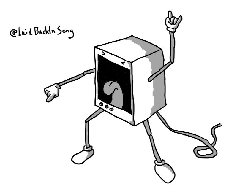 A robot in the form of an amp, with slim, jointed arms and legs and a wire trailing from its back. Instead of a speaker on its front it has an enormous rectangular mouth with a visible tongue. It has its eyes screwed shut and is pointing with one hand while making the 'metal' symbol with the other.