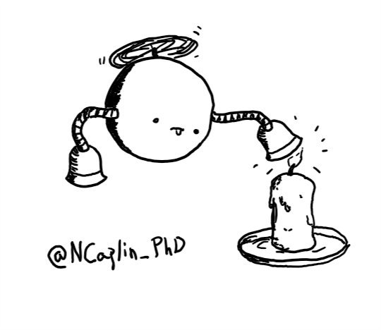 A spherical robot held aloft by a propeller on its top, with two slim, banded arms each tipped with little bell-shaped candle snuffers, concentrating very hard as it covers over a lit candle.