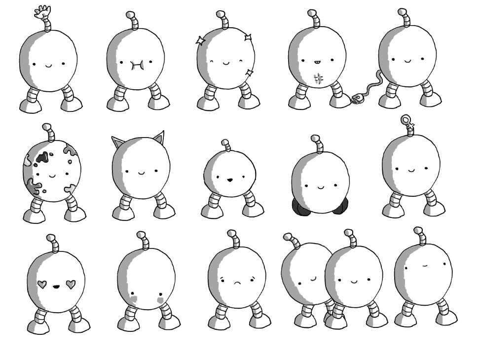 15 robots, arranged 5 by 3. All are ovoid with two banded legs and an antenna. Each has an extra feature. From the top left: a hand on its antenna, full cheeks, is sparkling, toned abs, a USB wire trailing from it, paint splattered, cat ears, much smaller, wheels instead of legs, a female symbol on its antenna, heart eyes, blushing, sad, an extra robot peeking out from behind it, a vacant expression.