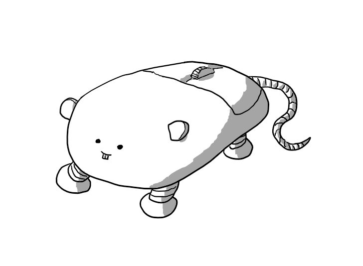 A robot in the form of a computer mouse, with its buttons and a scroll wheel to the rear. It has four banded legs on its underside, a tail at the back and a pair of small, rounded ears. It has close-set eyes and elongated front teeth.