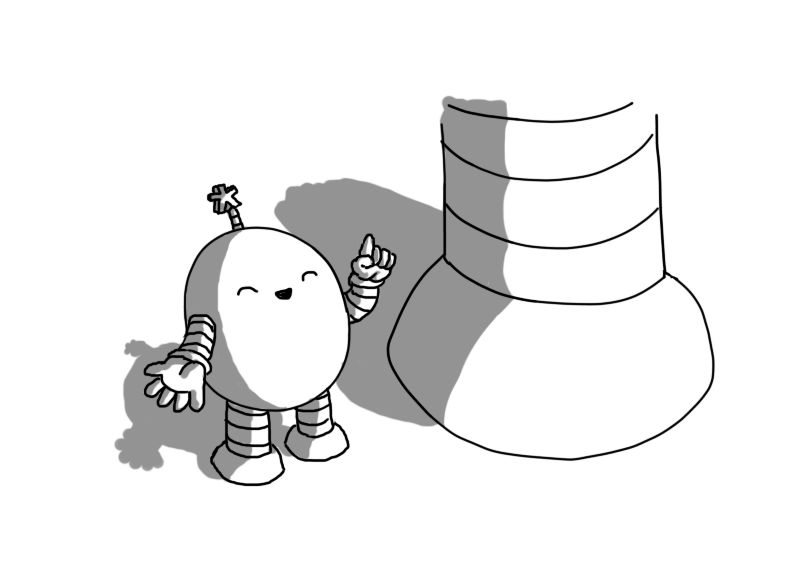 An ovoid robot with banded arms and legs and an antenna with an asterisk-shaped end. Its happily expounding with its eyes closed and one finger raised, beside the foot and banded leg of a much larger robot.