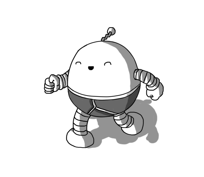 A round robot with banded arms and legs and a zigzag antenna, wearing a pair of y-fronts. It's running along with a big smile on its face.