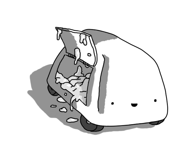 A rounded, trapezoid robot with four wheels on its underside. One of its sides is a hinged compartment with an open hatch and its interior is full of loose yoghurt which is dripping out onto the floor.