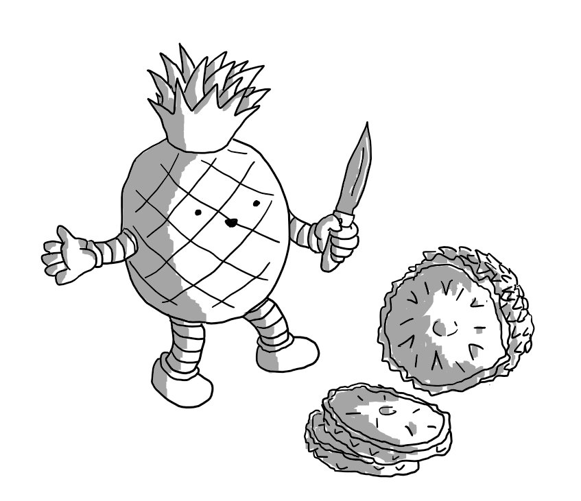 A robot that looks like a pineapple with arms and legs and a little smiley face on the front, wielding a knife over an actual pineapple cut into cross-sectional slices.