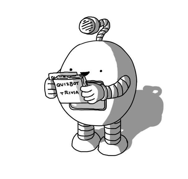 An ovoid robot with banded arms and legs, reading from a stack of cards labelled "QUIZBOT TRIVIA". It has a rectangular screen on its front and a speaker mounted on its antenna.