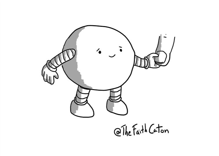 A spherical robot with a sympathetic smile, gently holding someone's finger.