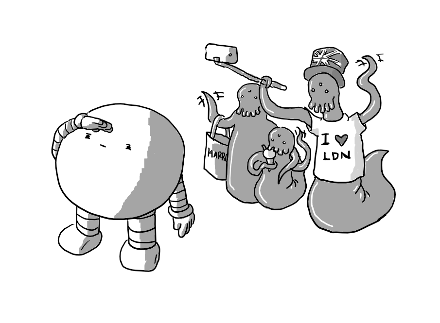 A spherical robot with banded arms and legs squinting upwards and shielding its eyes with its hand. Behind it, three amorphous creatures with tentacles for arms, slug- like lower bodies, three eyes and dangling feelers for mouths. They seem to be a family unit: the 'father' has a Union Jack hat on and a t-shirt reading "I [heart] LDN", the 'child' is eating an ice cream and the 'mother' has a Harrods bag.