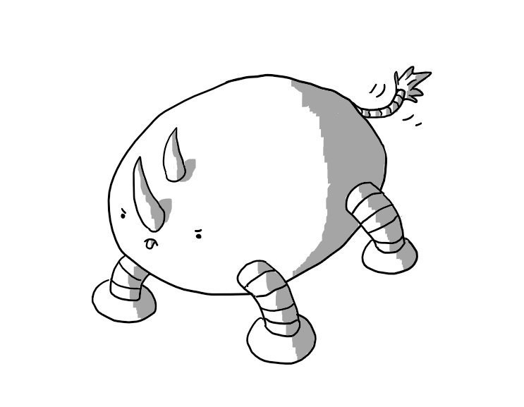 A horizontal ovoid robot with four banded legs. It has two curving horns set longitudinally on its face and a very angry expression as it bends down as if to charge. Naturally its tongue is sticking out and its waving a slim, banded tail with a tuft on the end.