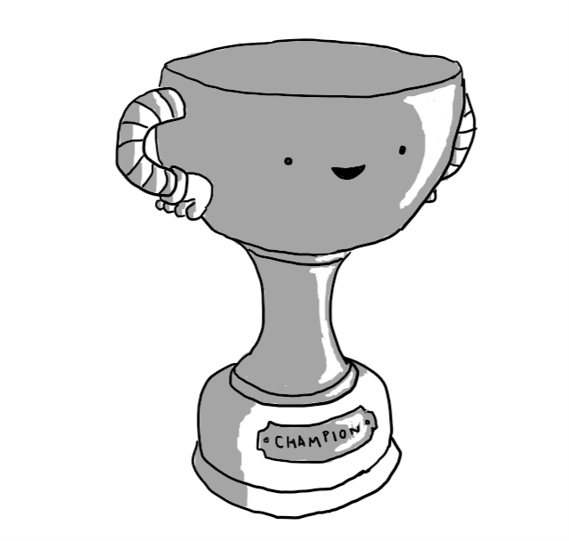 A robot in the form of a prize cup, with the bowl forming its head and its arms balled on its 'hips' forming the handles. It has a rounded base with a nameplate reading 'CHAMPION'.
