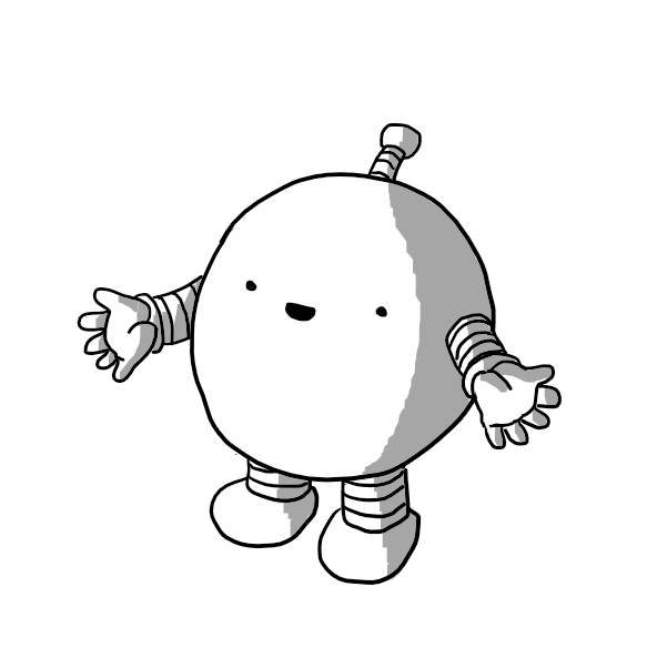 A spherical robot with banded arms and legs, holding out its hands and smiling.