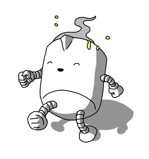 A robot in the form of a jug of custard, with a little spout at the front. It has banded arms and legs and is dancing along with its eyes closed happily, spilling a few drops of custard in its wake.