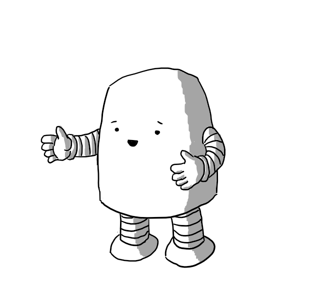 A rounded, rectangular robot with banded arms and legs. Its holding its hands apart as if to indicate the size of something and looks pretty pleased with itself.