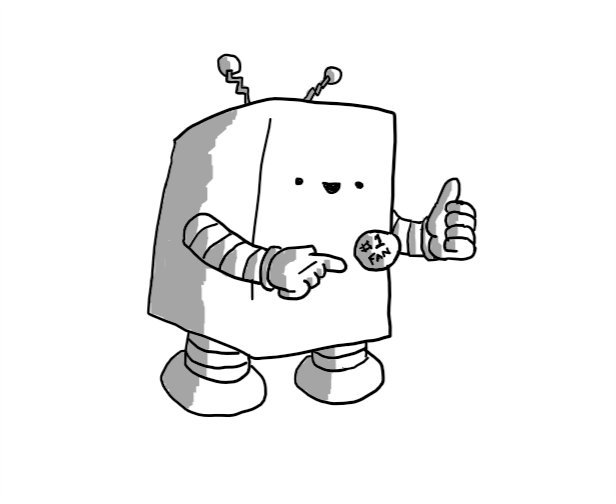 A cuboid robot with two zig-zag antennae and banded arms and legs. It's pointing and giving a thumbs up and has a little round badge on its chest that reads "#1 FAN".