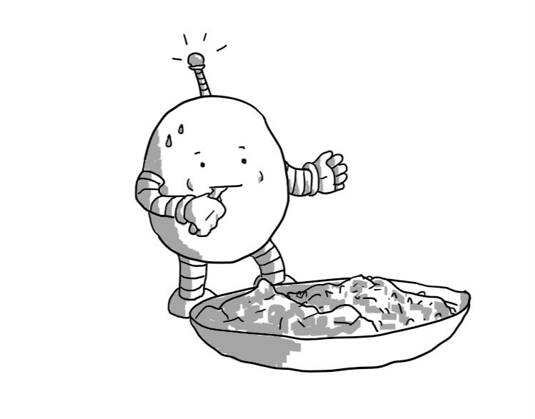 An ovoid robot standing beside a sauce and rice dish, putting a fork or spoon into its mouth. Its eyebrows are raised very high and it has an antenna which is flashing. Two beads of sweat have formed on its forehead.