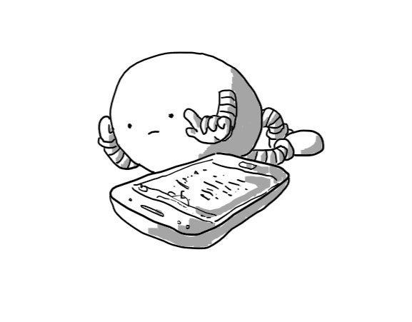 A bored-looking ovoid robot sprawled beside a phone. It's propped up on one hand while the other hovers, finger extended, over the screen.