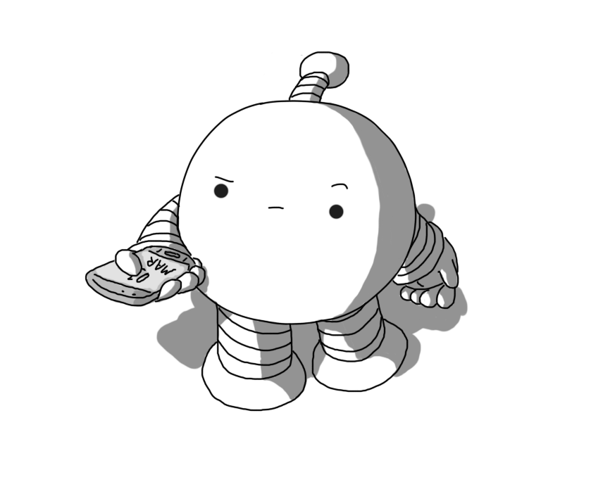 A spherical robot with banded arms and legs and an antenna, looking at a phone in its hand that reads "01 MAR" with a raised eyebrow and an expression of confusion or possibly dismay.