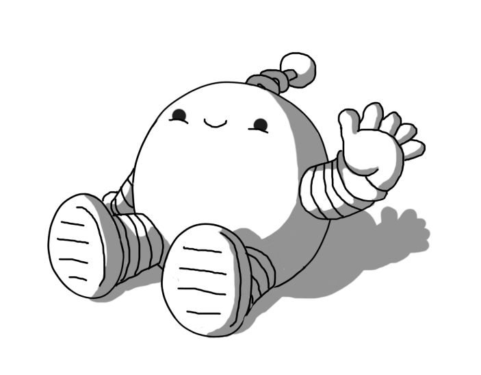 A spherical robot with banded arms and legs and a coiled antenna, sitting on the ground, smiling and waving. It's that simple.