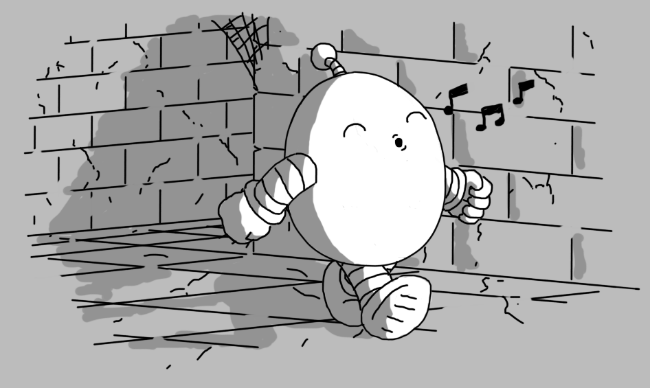 An ovoid robot with banded arms and legs and an antenna, walking through a passageway constructed of crumbling masonry, with cobwebs clinging to some corners. The robot's eyes are closed and it's whistling contentedly.