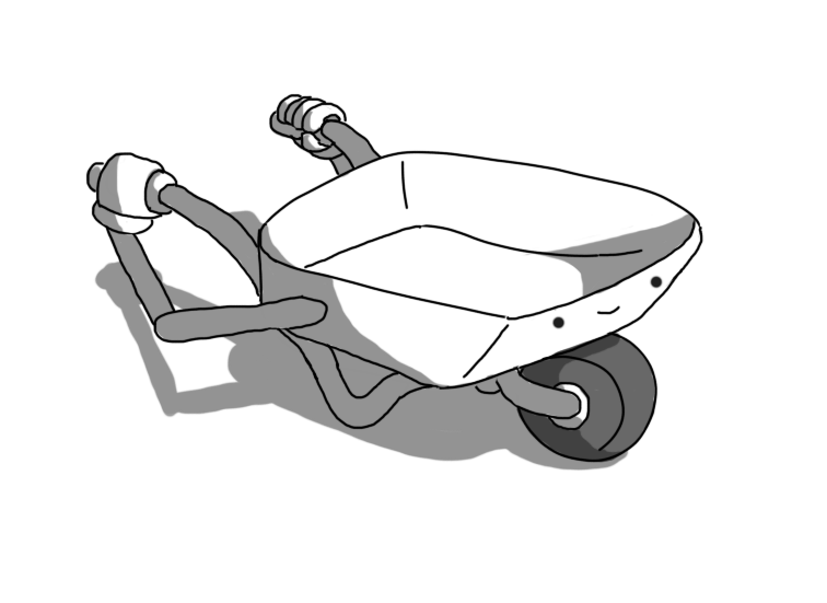 A robot in the form of a wheelbarrow. Its smiling face is on the front of the barrow section, above the wheel, and it has two jointed arms towards its rear. The robot's arms are reaching backwards and it's holding its own handles.