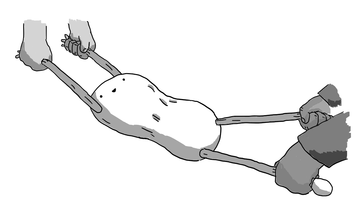 A robot with an elasticated, amorphous body, roughly divided into two lobes with long, stretchy limbs. It's being pulled by its arms and legs by two people, stretching it out between them. It seems perfectly happy about it.