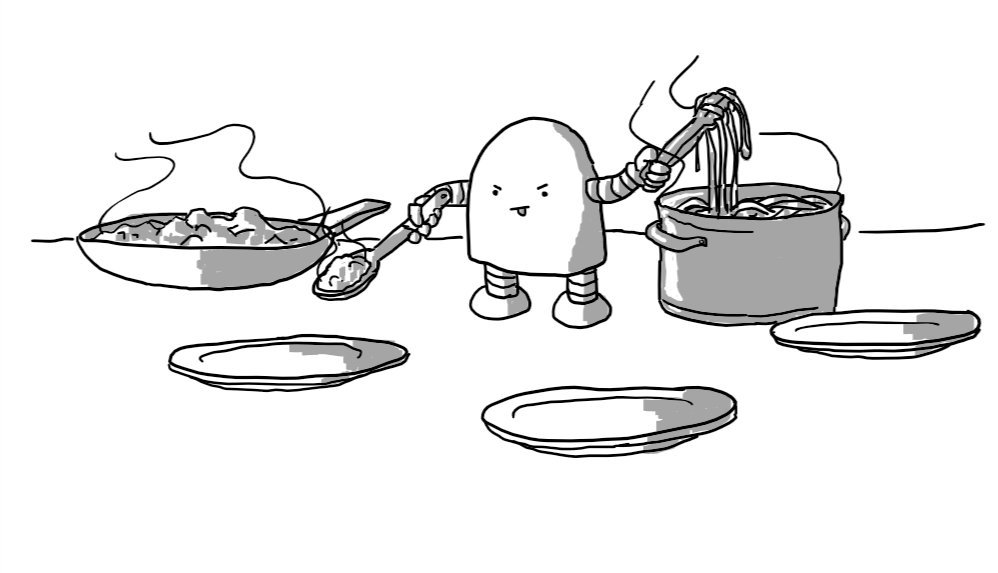 A round-topped robot standing between a pan of bolognese and a pot of spaghetti, ladelling the former towards one of three plates set out before it while lifting the latter in a pair of pincers. The robot sports an expression of intense concentration.