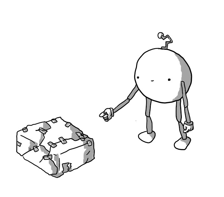 A round robot with jointed arms and legs and a crooked antenna, pointing at a present that's been wrapped incredibly badly, with ripped paper and bits of tape all over it. Oddly, its vacant smile seems to indicate it's quite proud of this disaster.