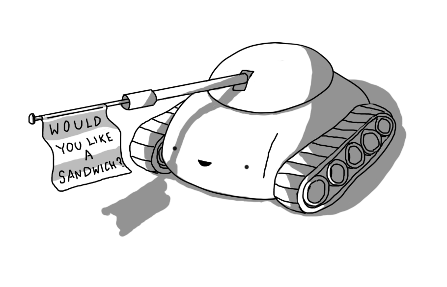 A robot in the form of a simplified tank, with caterpillar tracks and a separate turret. Its smiling face is on the front of its hull and it sports a large cannon, from which emerges a pole bearing the words "WOULD YOU LIKE A SANDWICH?".