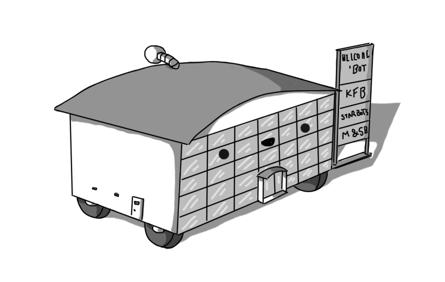 A robot in the form of a modern commercial building with a curved roof and a glass frontage. It has a little door with an awning on the front, a less grand access door on the visible side and an antenna on the roof. The robot's smiing face is on the glass and it has four wheels on its underside. To one side, connected to the robot, is a rectangular sign reading "WELCOME 'BOT" and then advertising the services offered within: "KFB", "STARBOTS" and "M&SB".