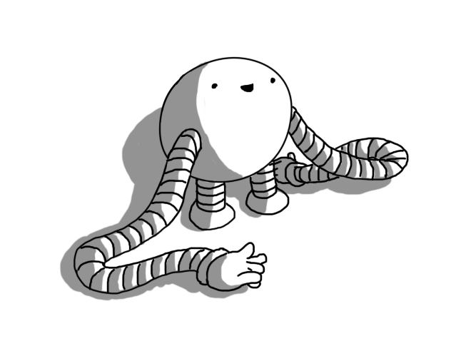 A round robot with banded arms and legs. Its arms are very, very long and flopping onto the floor, but it looks pretty happy about it.