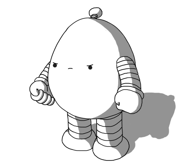 An ovoid robot with banded arms and legs and a little antenna. Its fists are clenched and it's glowering angrily.