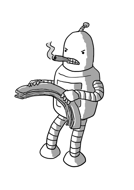 A humanoid robot with banded arms and legs, designed to look like Bender from Futurama. It's bending a girder with its hands while angrily chomping on a cigar.