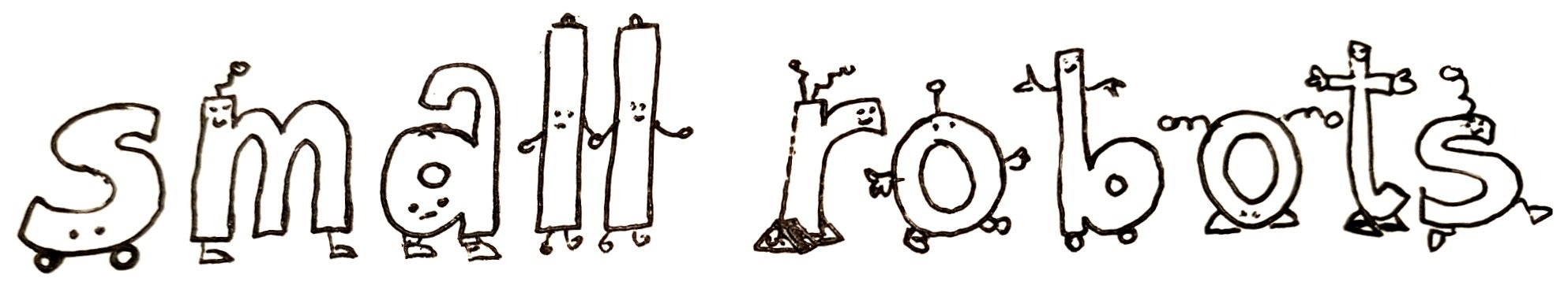 A collection of eleven robots, each in the shape of one of the letters of the words "small robobts".